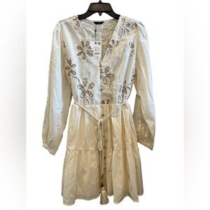 Zara Cream Long Sleeve Chic Mini Dress with Floral Embroidery